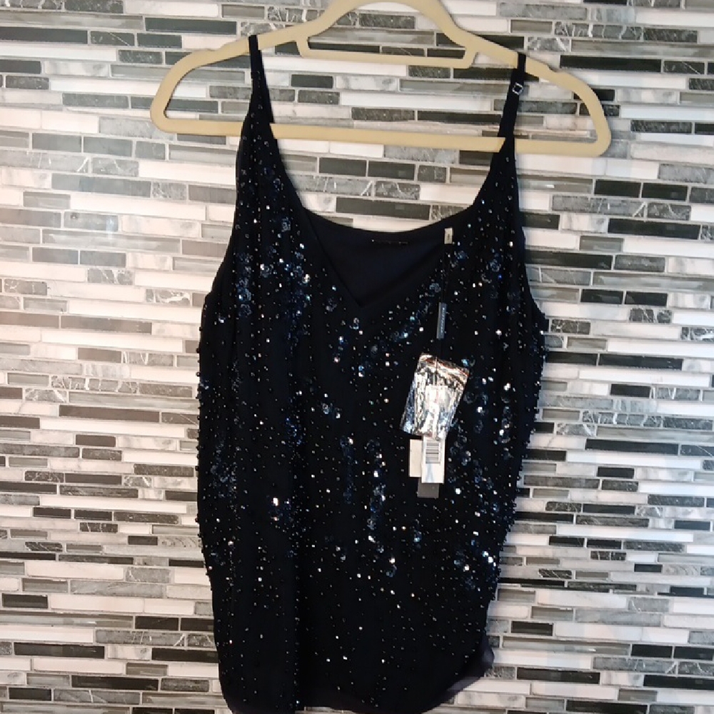 Elie Tahari L Navy Silk Embellished Black Sequin Zendaya Blouse Stargazer NWT